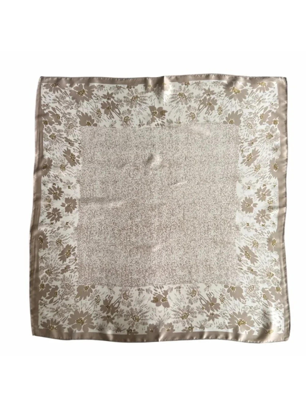 ✨Luxury Silky Square Scarf Beige Gold Floral Garden Print Bandana Wrap Chic New✨
